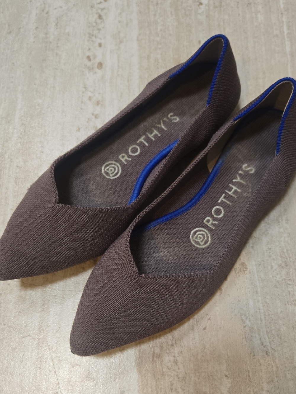 Rothy's Taupe Brown with Blue Accent Pointed Toe Flats